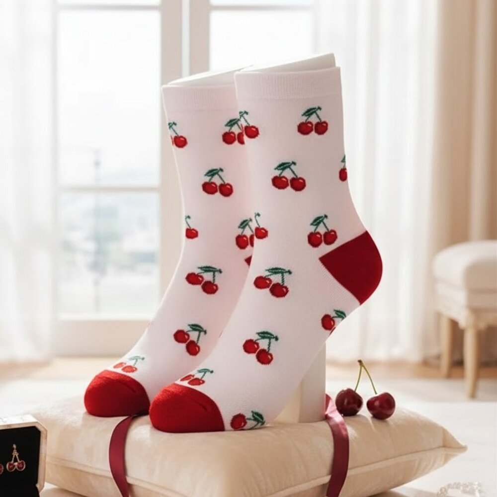 CHERRY PRINT SOCKS IN LIGHT PINK
